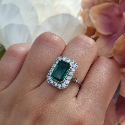 Vintage 2ct Colombian Emerald and Diamond Cluster Dress Ring