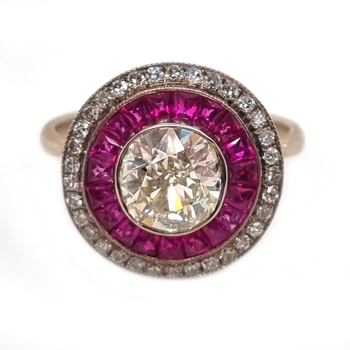 Antique Vintage Art Deco 1.12ct Old European Transitional Cut Diamond and Ruby Double Cluster Target Engagement Ring