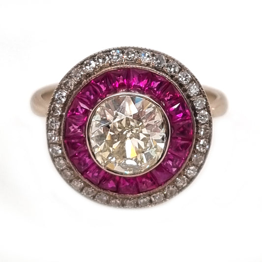 Antique Vintage Art Deco 1.12ct Old European Transitional Cut Diamond and Ruby Double Cluster Target Engagement Ring