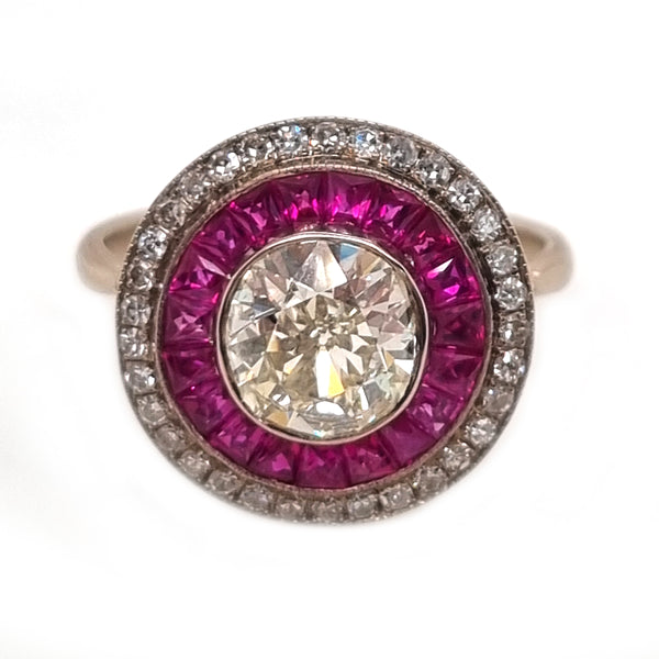 Antique Vintage Art Deco 1.12ct Old European Transitional Cut Diamond and Ruby Double Cluster Target Engagement Ring