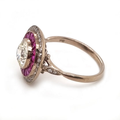 Vintage 1.12ct Diamond and Ruby Double Cluster Target Engagement Ring