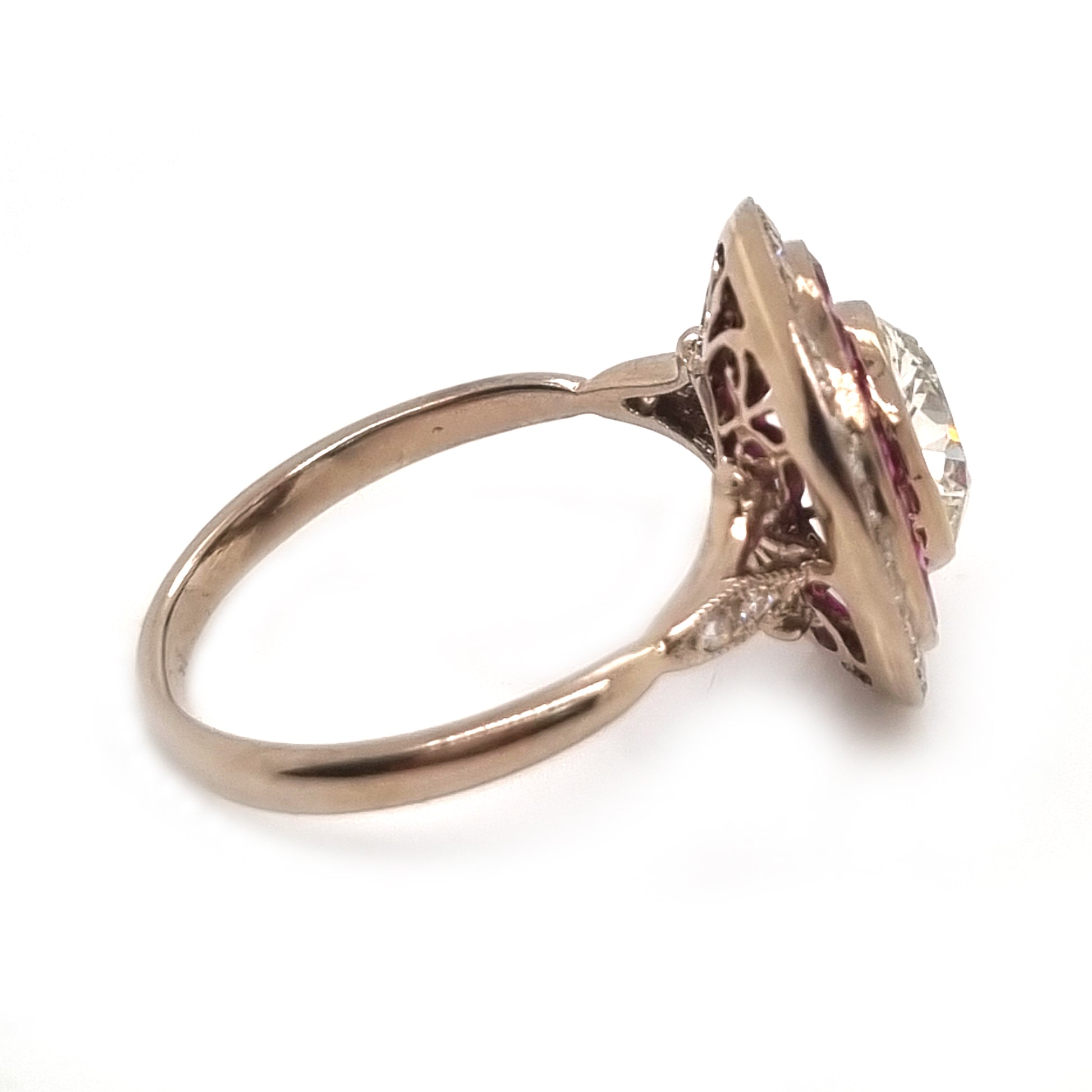 Vintage 1.12ct Diamond and Ruby Double Cluster Target Engagement Ring