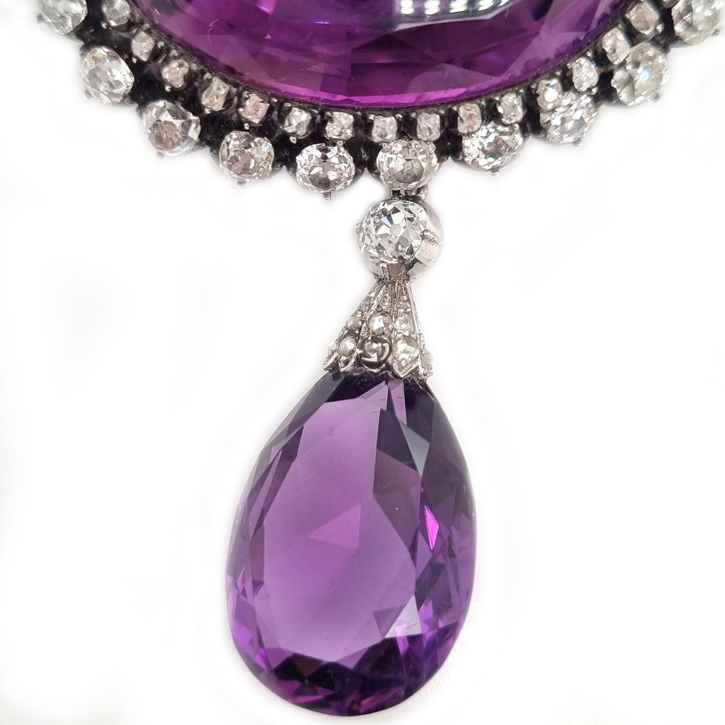 Fine Victorian Antique Amethyst and 7ct Old Cut Diamond Cluster Drop Pendant Brooch