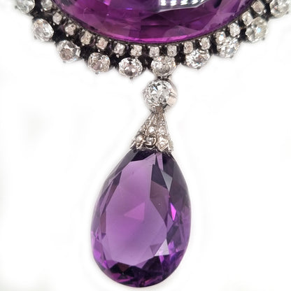 Fine Victorian Antique Amethyst and 7ct Old Cut Diamond Cluster Drop Pendant Brooch