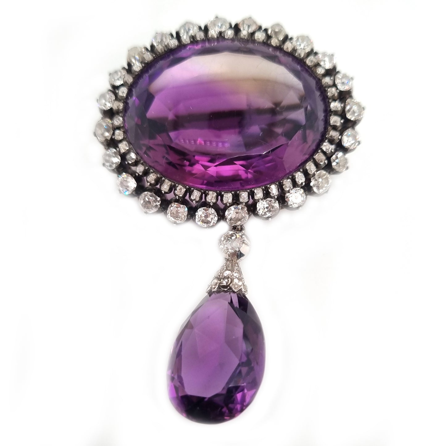 Fine Victorian Antique Amethyst and 7ct Old Cut Diamond Cluster Drop Pendant Brooch