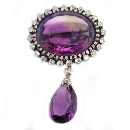 Fine Victorian Antique Amethyst and 7ct Old Cut Diamond Cluster Drop Pendant Brooch