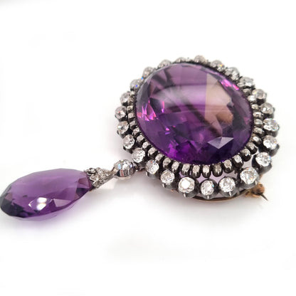 Fine Victorian Antique Amethyst and 7ct Old Cut Diamond Cluster Drop Pendant Brooch