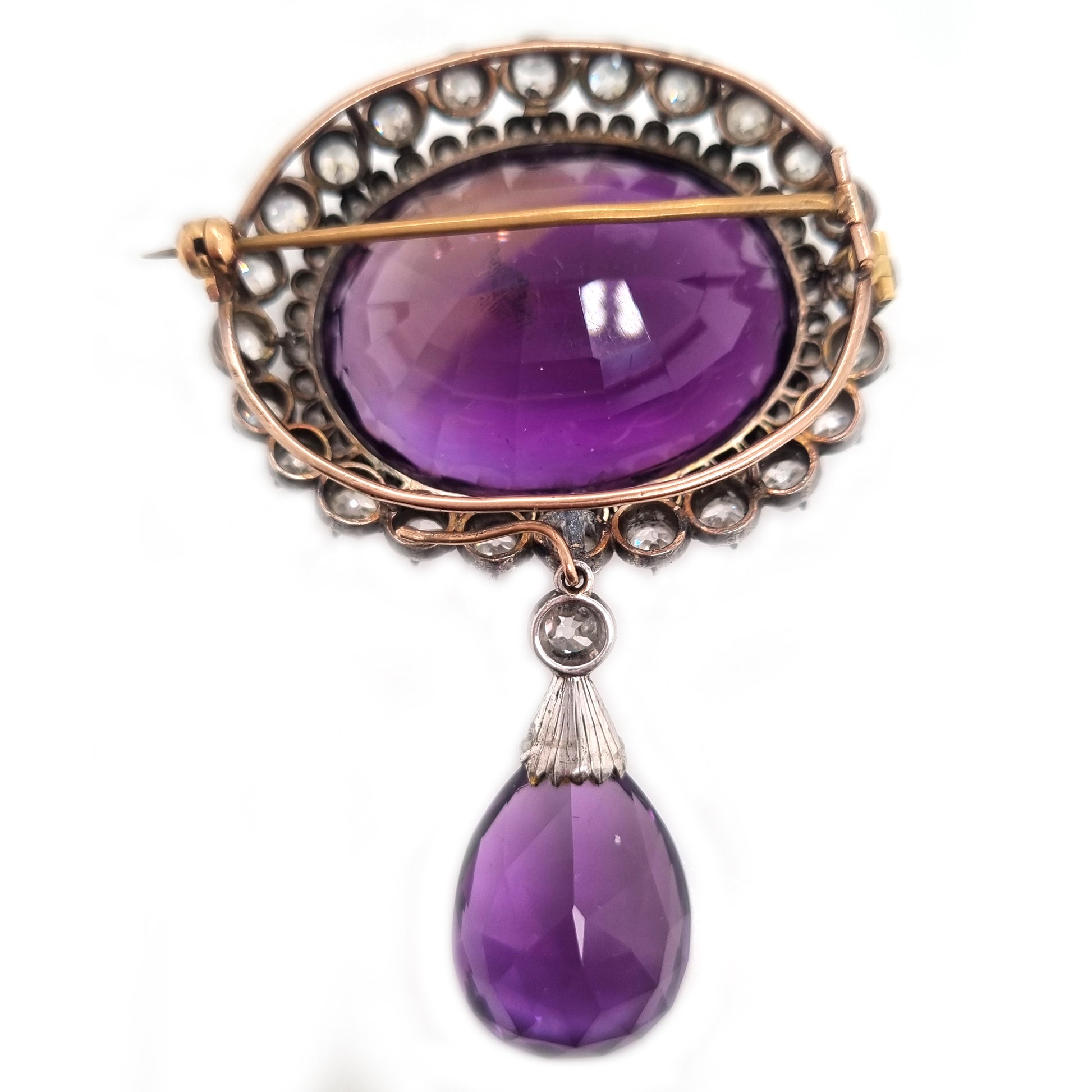 Fine Victorian Antique Amethyst and 7ct Old Cut Diamond Cluster Drop Pendant Brooch