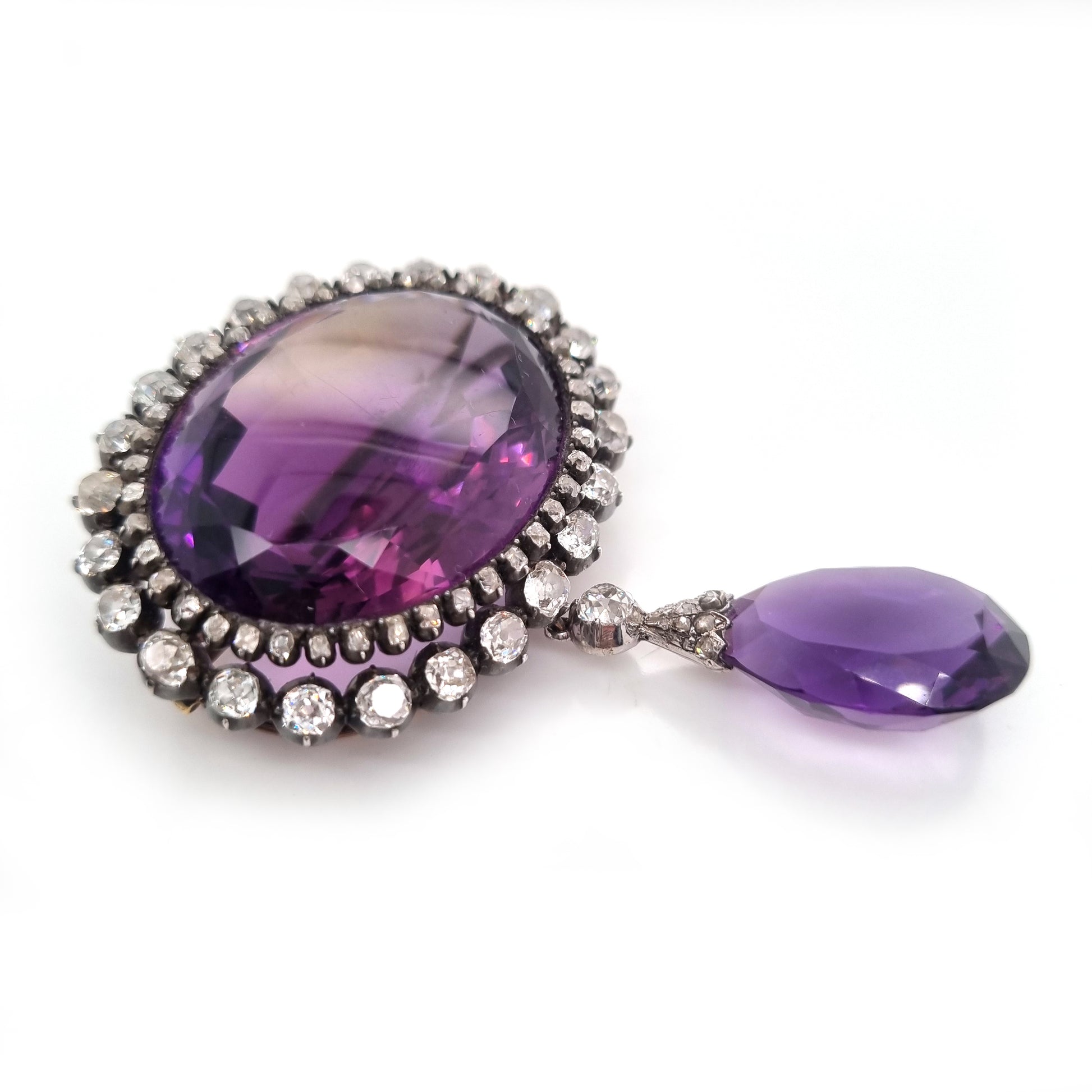 Fine Victorian Antique Amethyst and 7ct Old Cut Diamond Cluster Drop Pendant Brooch