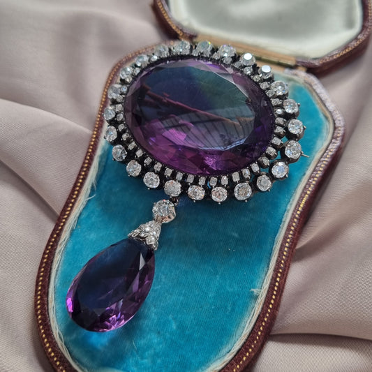 Fine Victorian Antique Amethyst and 7ct Old Cut Diamond Cluster Drop Pendant Brooch