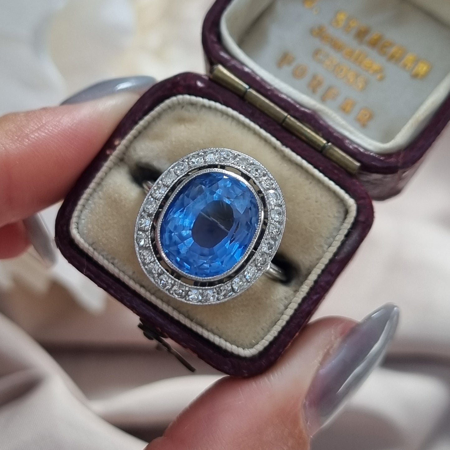 Vintage Art Deco 6ct Ceylon Sapphire and Diamond Cluster Ring