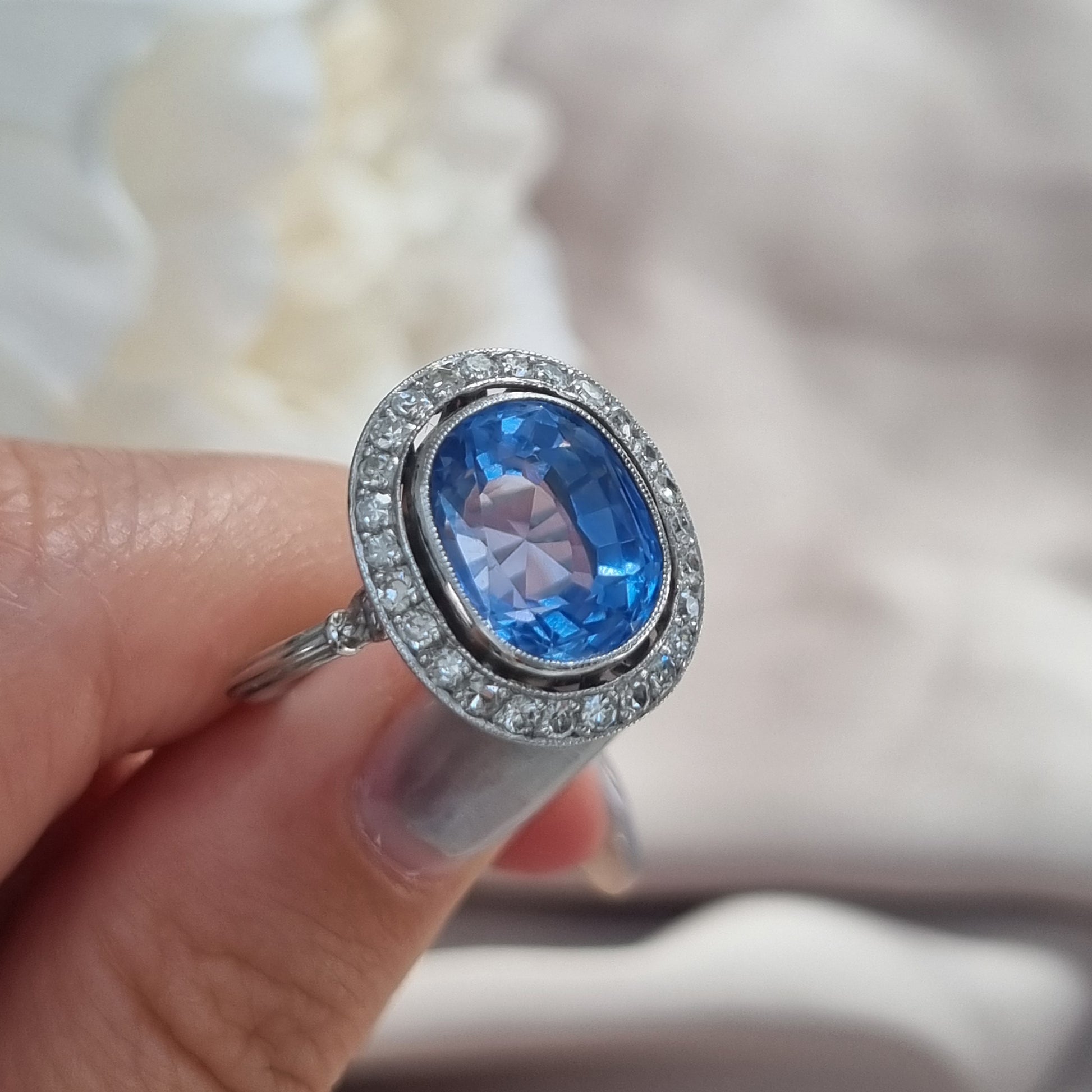 Vintage Art Deco 6ct Ceylon Sapphire and Diamond Cluster Ring
