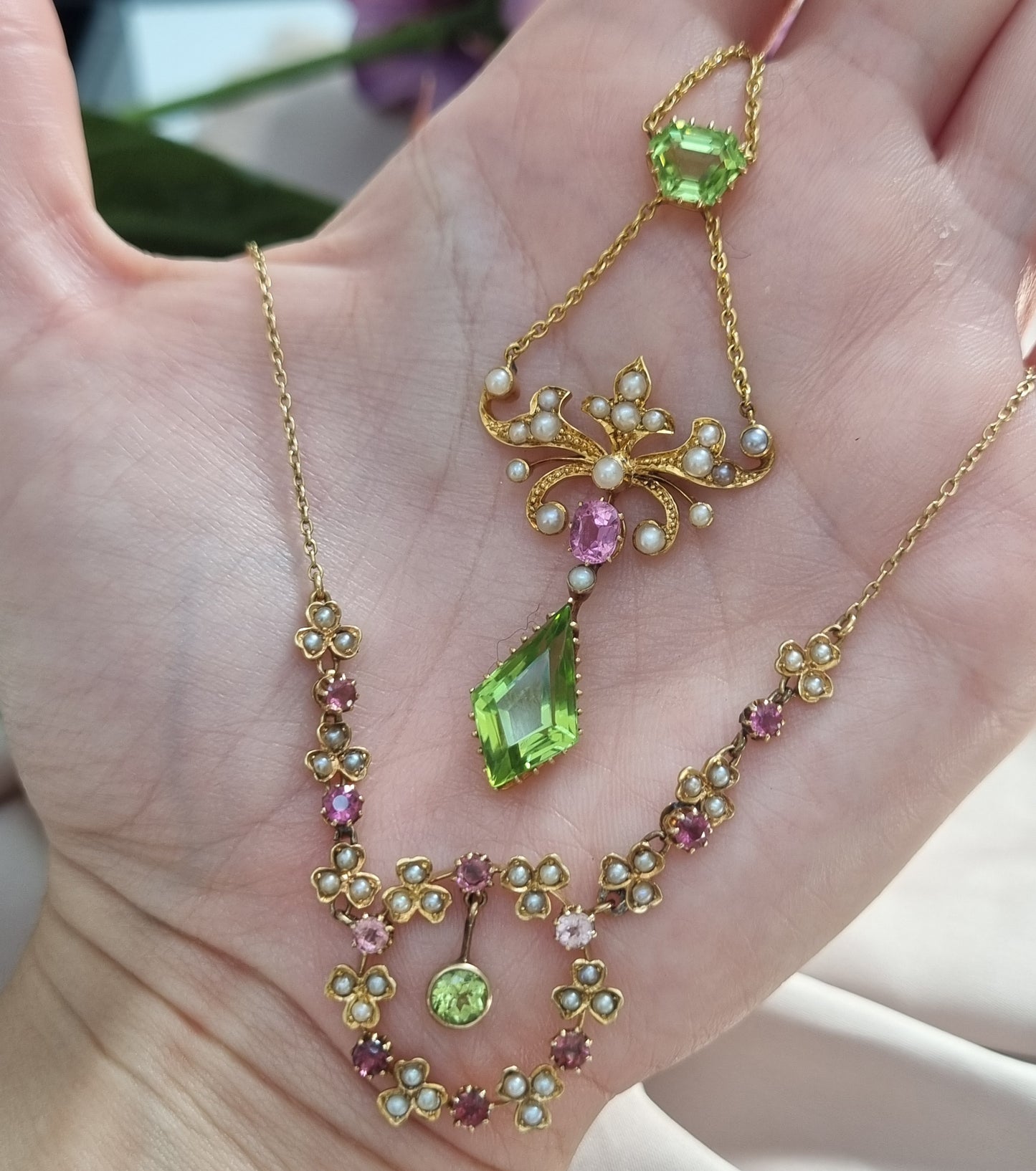 Edwardian Antique Peridot Tourmaline and Pearl Garland Festoon Necklace