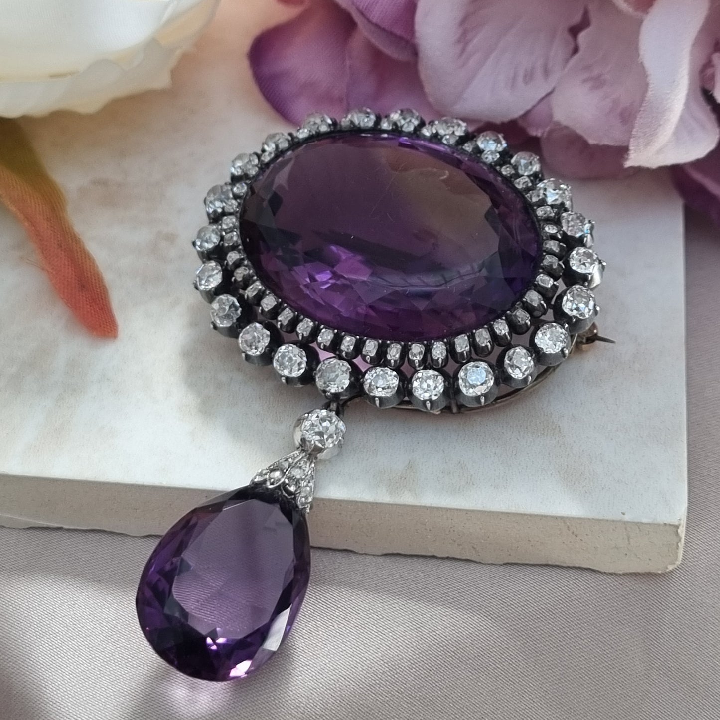 Fine Victorian Antique Amethyst and 7ct Old Cut Diamond Cluster Drop Pendant Brooch