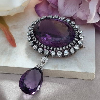Fine Victorian Antique Amethyst and 7ct Old Cut Diamond Cluster Drop Pendant Brooch