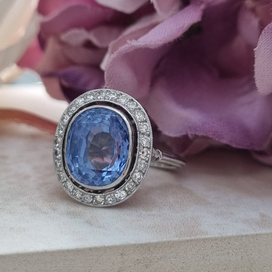 Vintage Art Deco 6ct Ceylon Sapphire and Diamond Cluster Ring