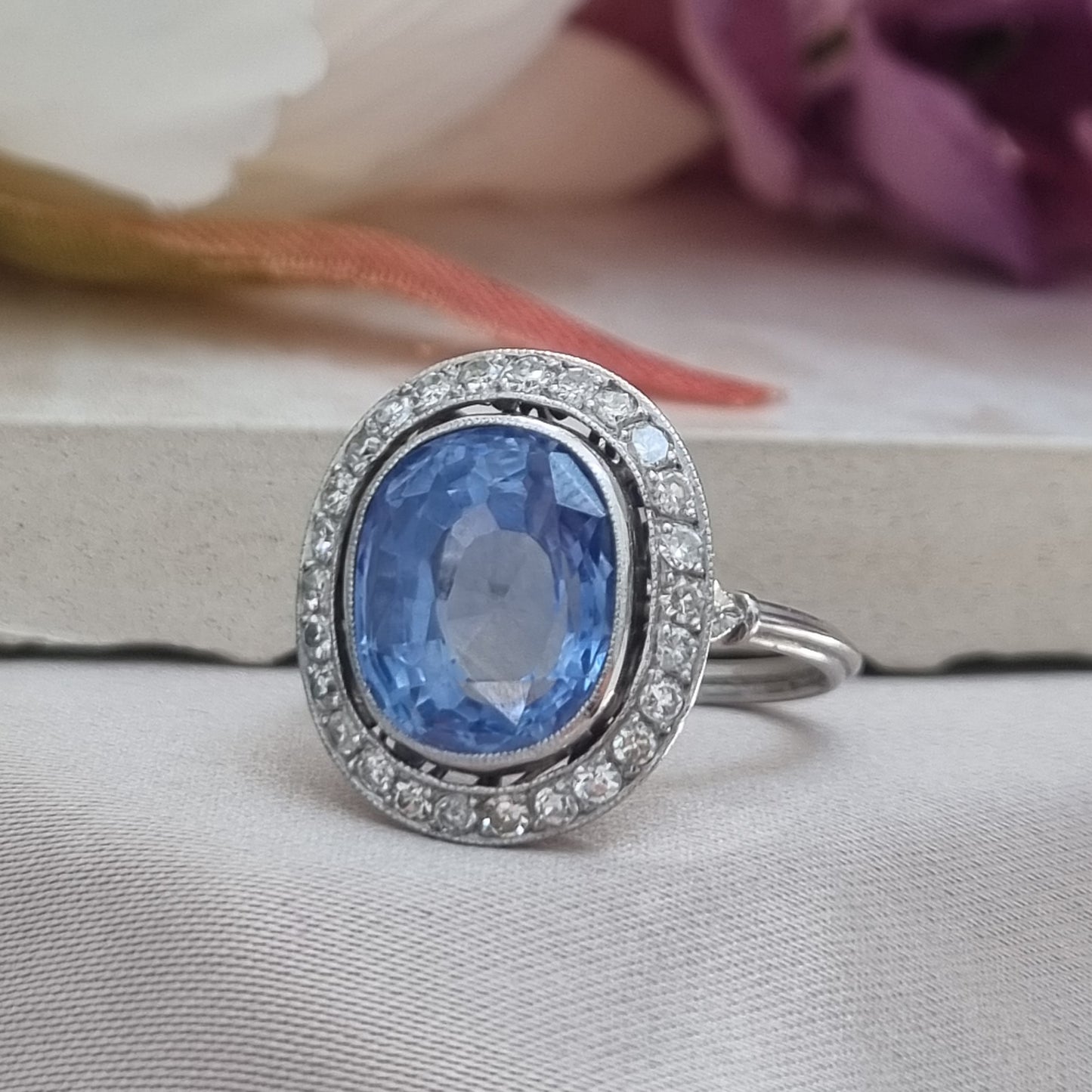 Vintage Art Deco 6ct Ceylon Sapphire and Diamond Cluster Ring