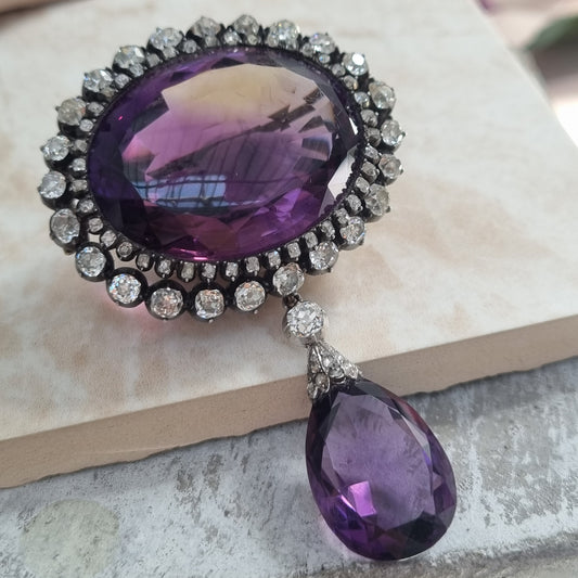 Fine Victorian Antique Amethyst and 7ct Old Cut Diamond Cluster Drop Pendant Brooch
