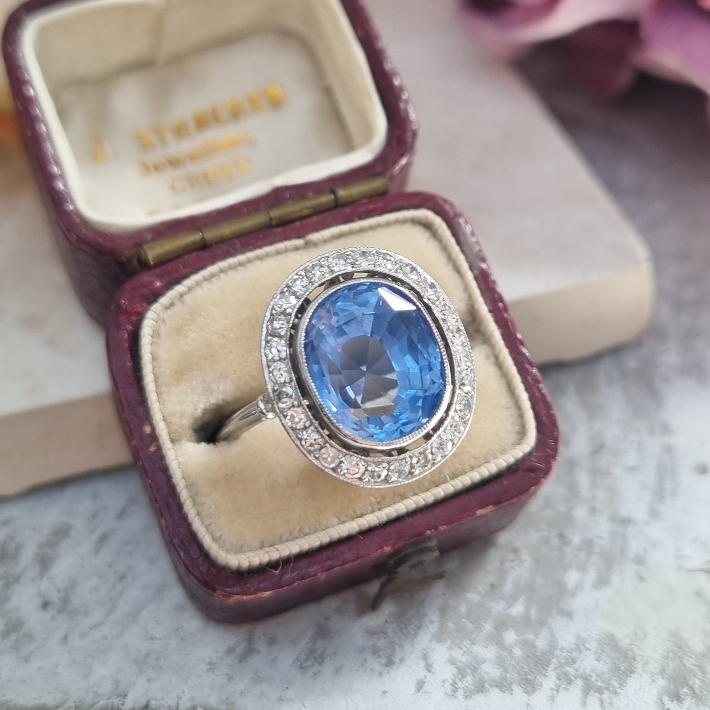 Vintage Art Deco 6ct Ceylon Sapphire and Diamond Cluster Ring