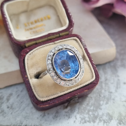 Vintage Art Deco 6ct Ceylon Sapphire and Diamond Cluster Ring