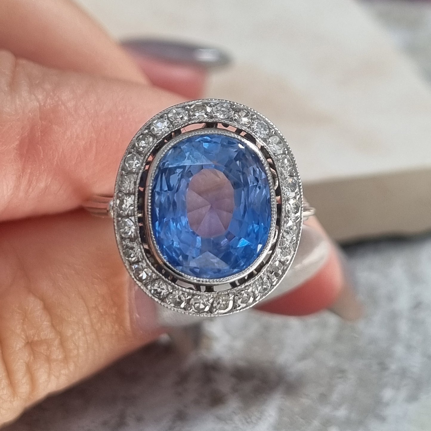 Vintage Art Deco 6ct Ceylon Sapphire and Diamond Cluster Ring