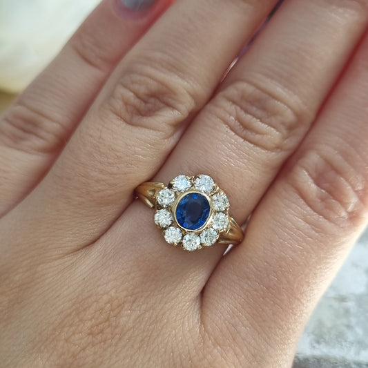Antique Style Pre Owned 0.90ct Sapphire and Diamond Cluster Ring in 18ct Yellow Gold