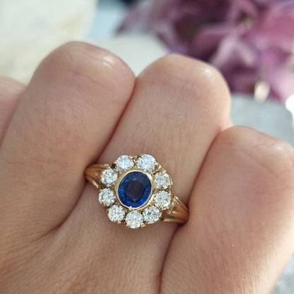 Antique Style Pre Owned 0.90ct Sapphire and Diamond Cluster Ring in 18ct Yellow Gold