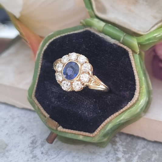 Antique Style Pre Owned 0.90ct Sapphire and Diamond Cluster Ring in 18ct Yellow Gold