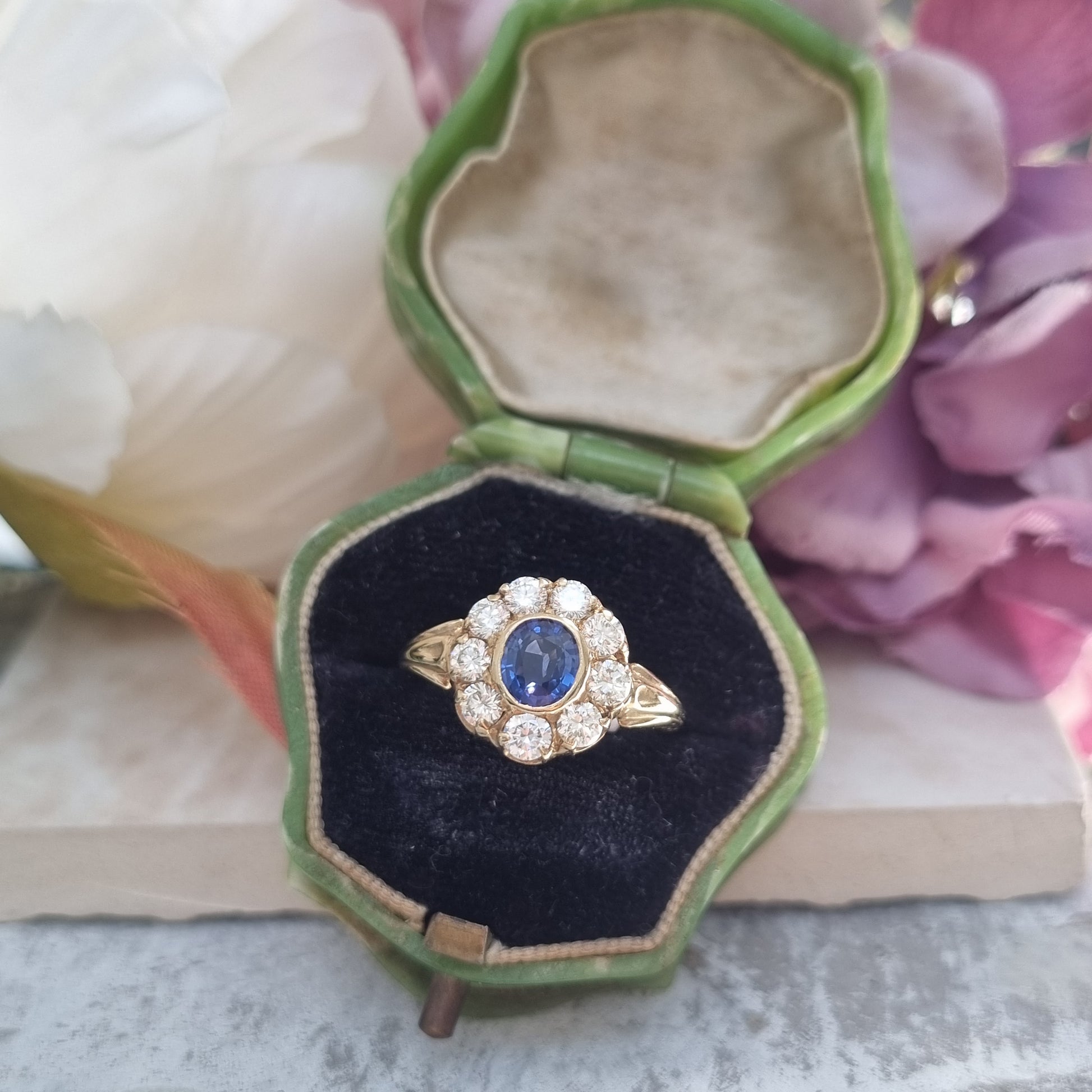 Antique Style Pre Owned 0.90ct Sapphire and Diamond Cluster Ring in 18ct Yellow Gold
