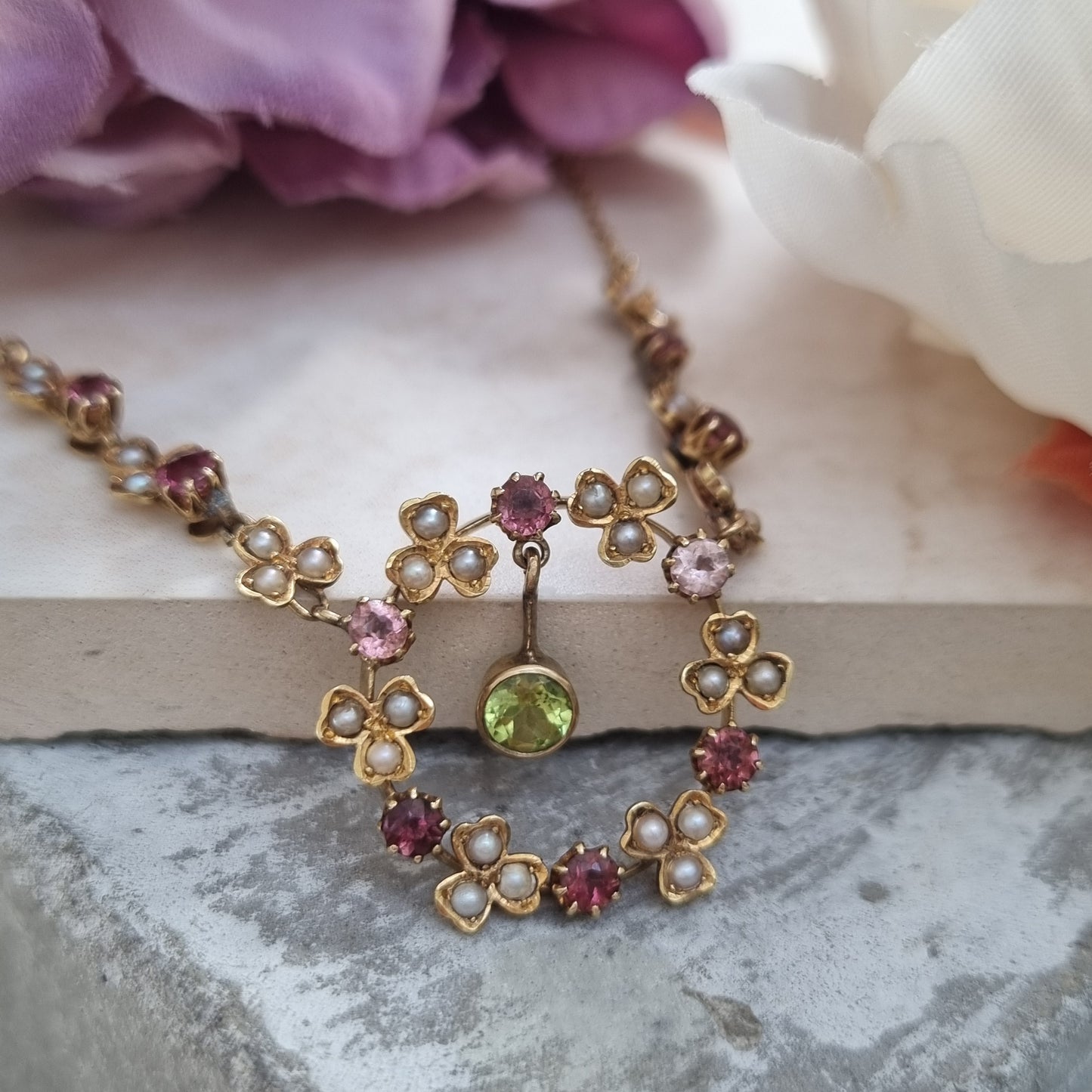 Edwardian Antique Peridot Tourmaline and Pearl Garland Festoon Necklace