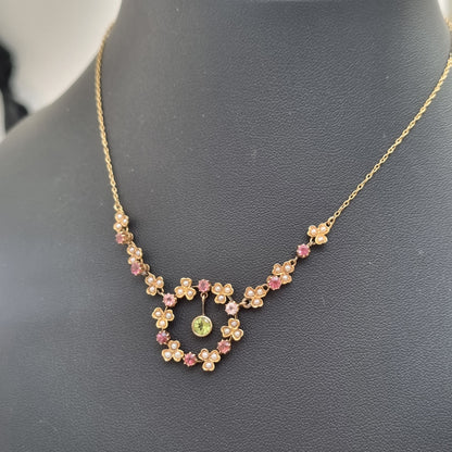 Edwardian Antique Peridot Tourmaline and Pearl Garland Festoon Necklace