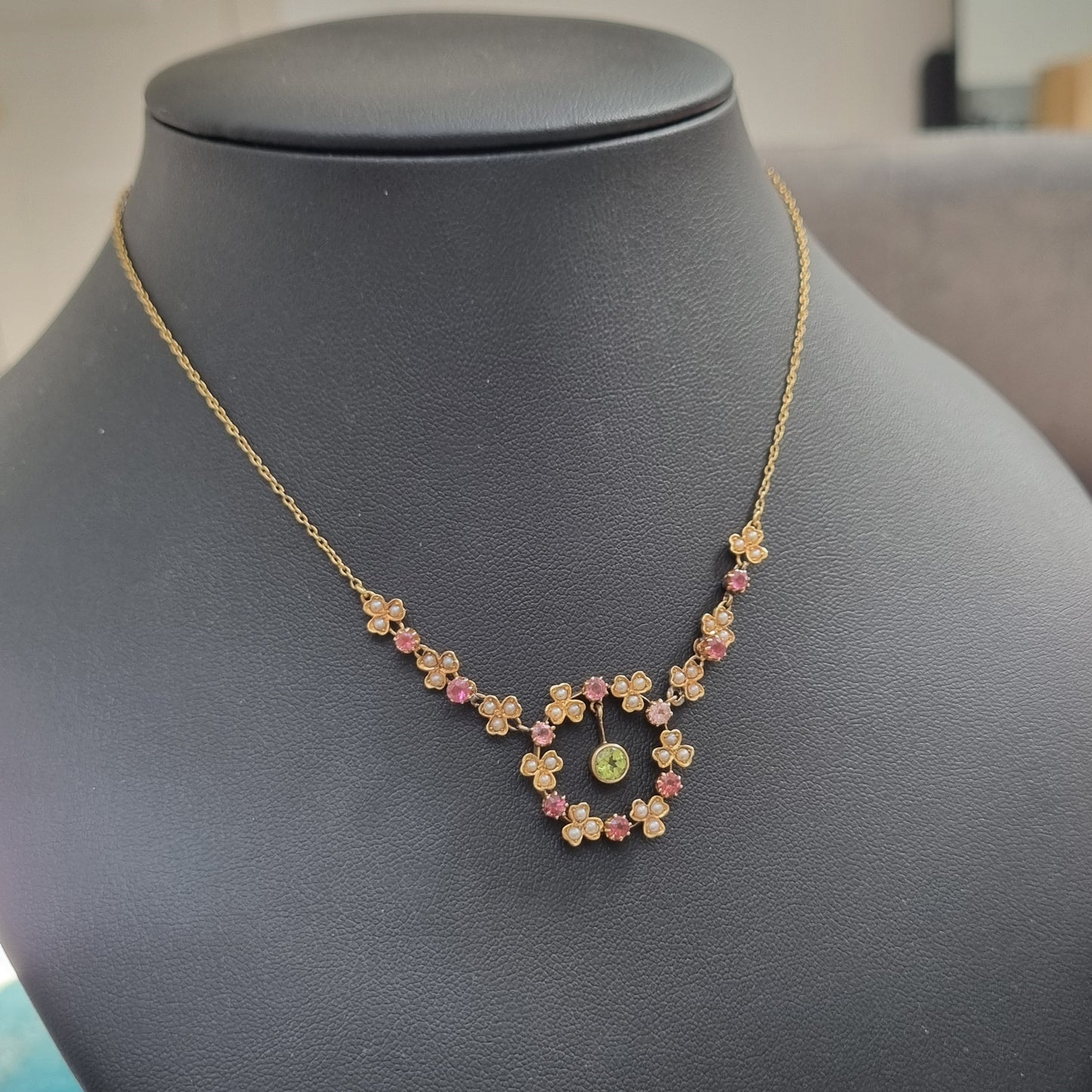 Edwardian Antique Peridot Tourmaline and Pearl Garland Festoon Necklace