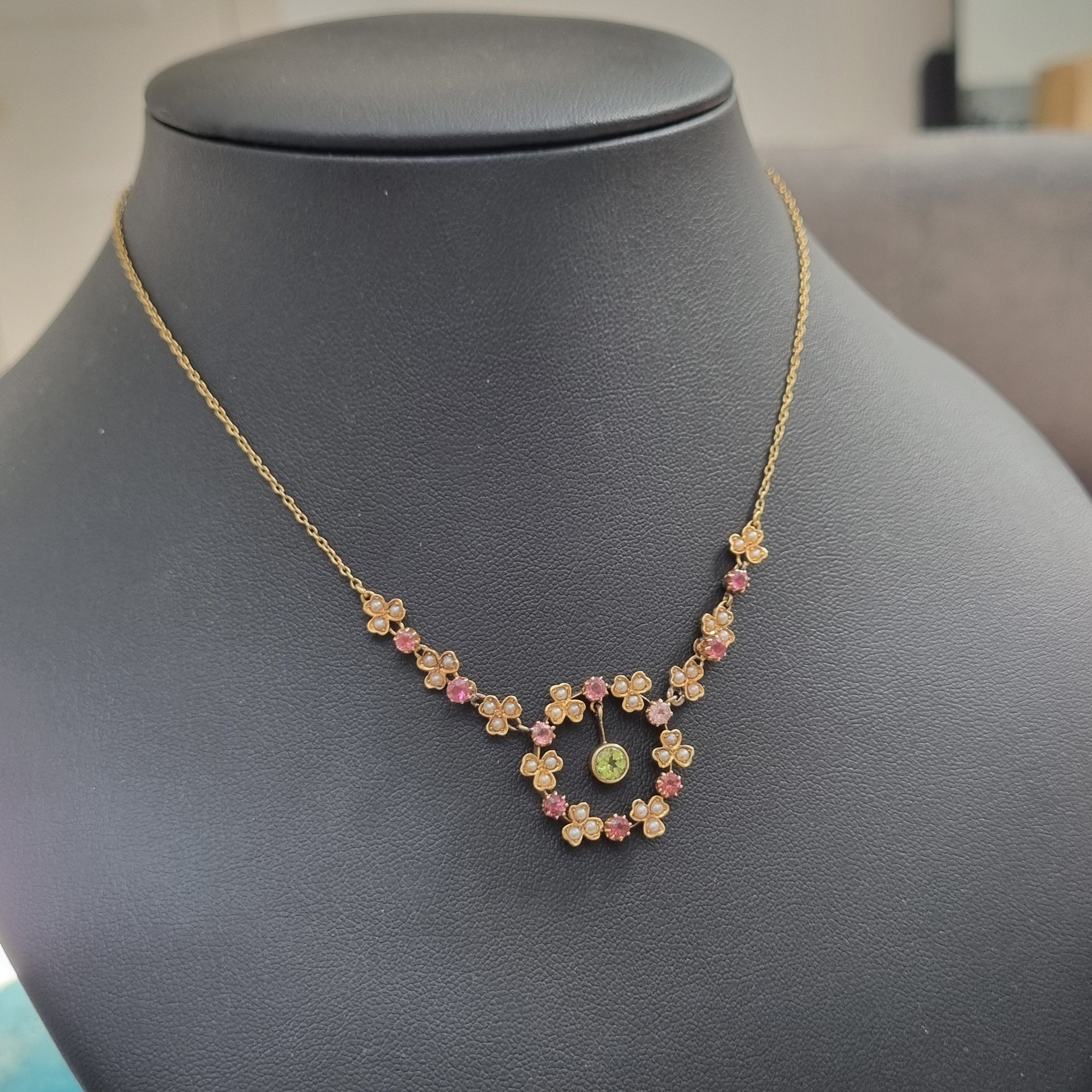 Edwardian Antique Peridot Tourmaline and Pearl Garland Festoon Necklace