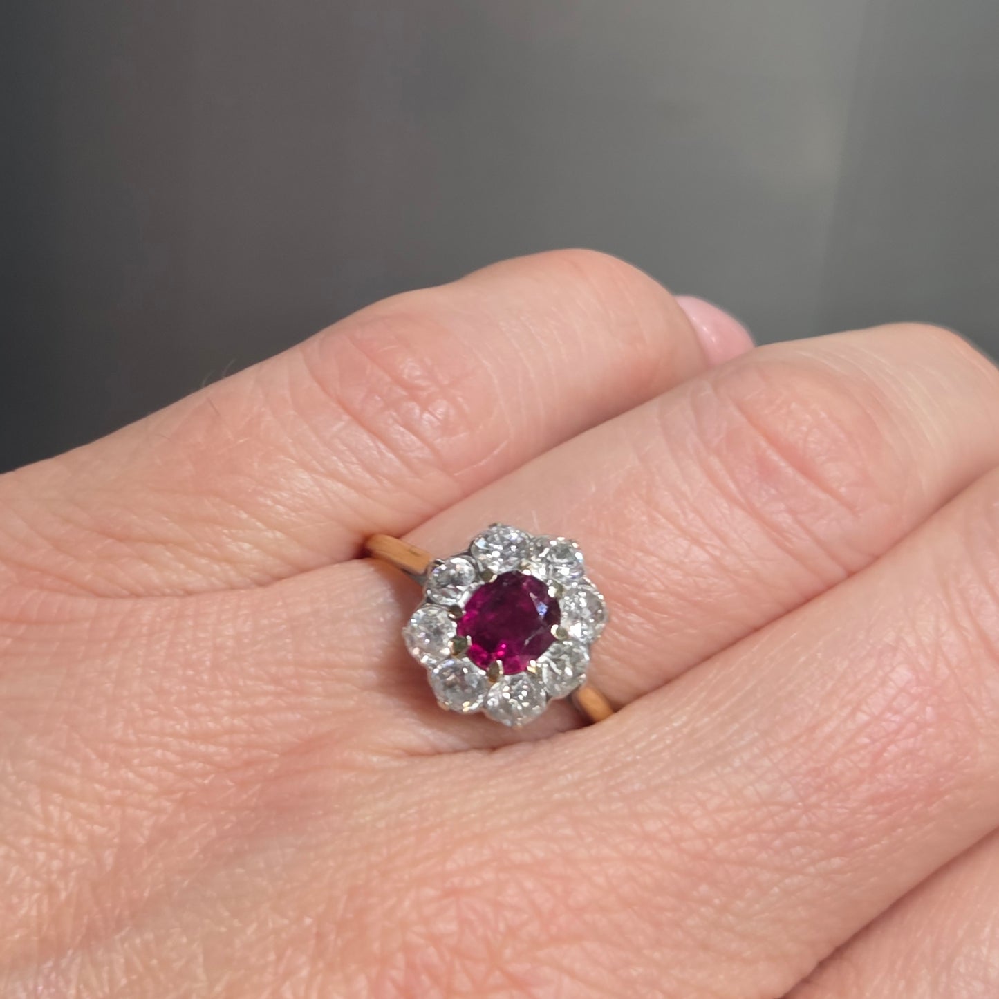 Antique Ruby and Old Cut Diamond Cluster Engagement Ring