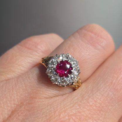 Victorian Antique Ruby and Old Cut Diamond Crown Cluster Engagement Ring