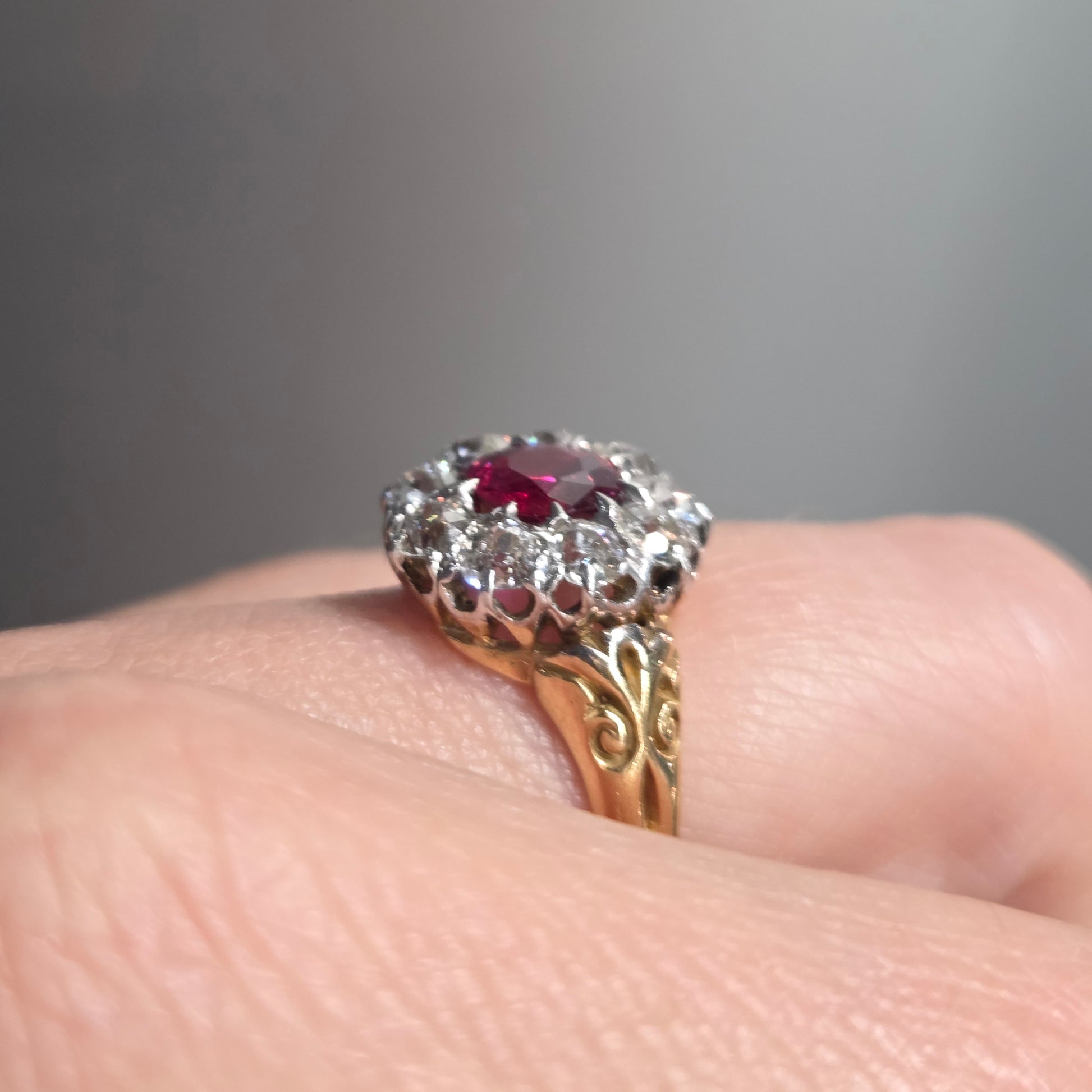 Victorian Antique Ruby and Old Cut Diamond Crown Cluster Engagement Ring