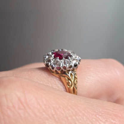 Victorian Antique Ruby and Old Cut Diamond Crown Cluster Engagement Ring