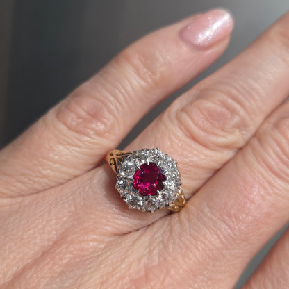 Victorian Antique Ruby and Old Cut Diamond Crown Cluster Engagement Ring