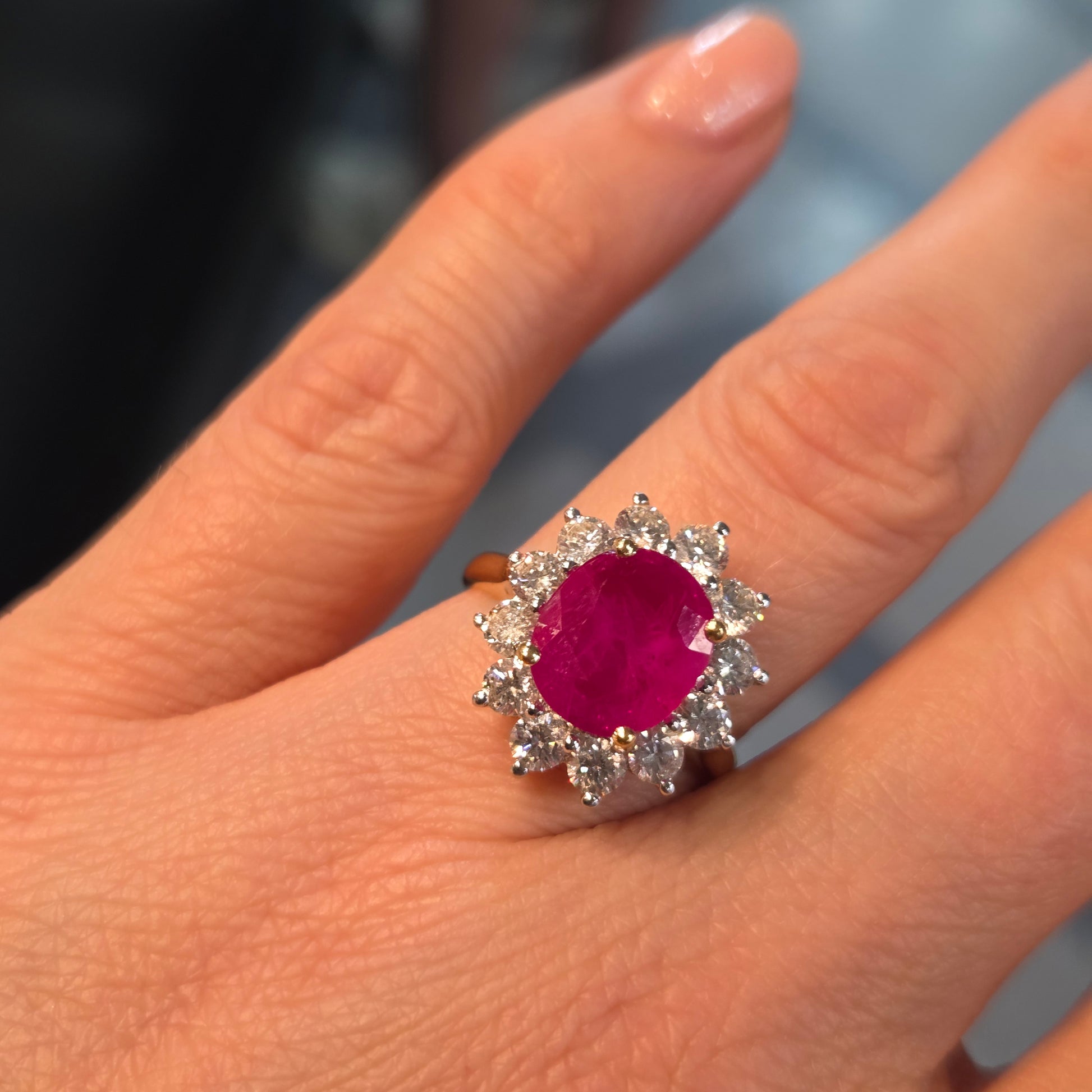 3.30ct Oval Ruby and Diamond Cluster Engagement Ring