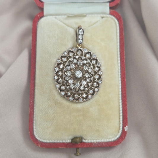 Victorian Antique 2.50ct Old Cut Diamond Oval Cluster Pendant-come-Brooch