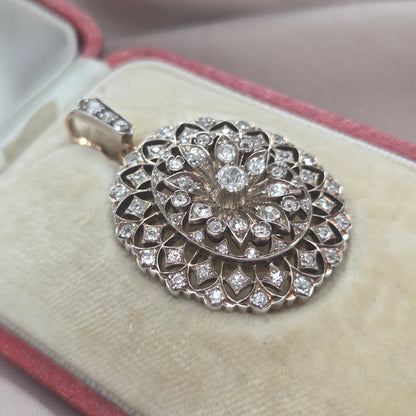 Victorian Antique 2.50ct Old Cut Diamond Oval Cluster Pendant-come-Brooch