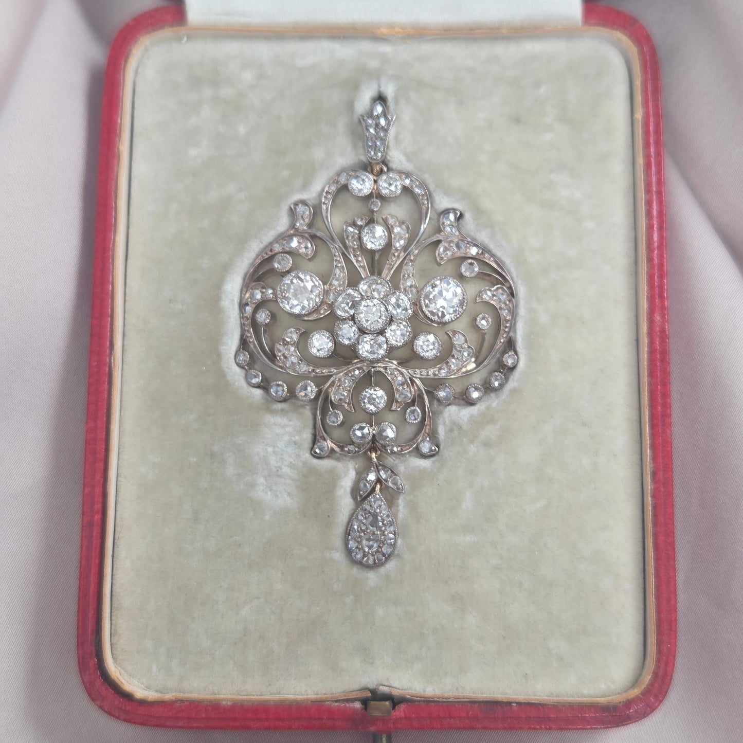 Victorian Antique Old Cut Diamond Scroll Drop Pendant
