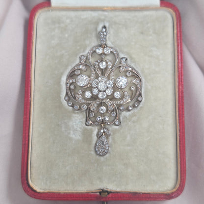 Victorian Antique Old Cut Diamond Scroll Drop Pendant