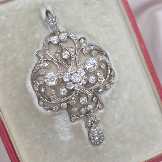 Victorian Antique Old Cut Diamond Scroll Drop Pendant