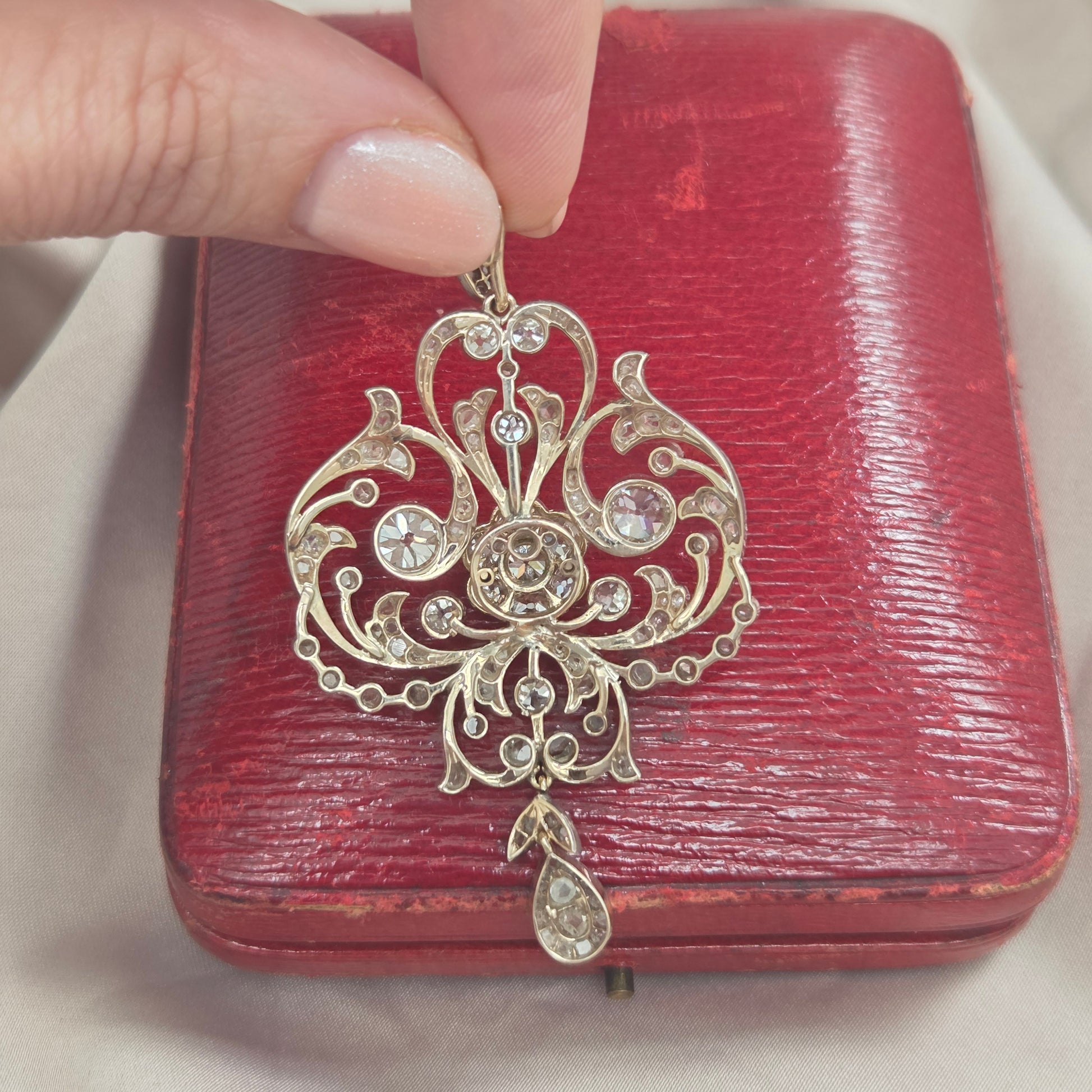 Victorian Antique Old Cut Diamond Scroll Drop Pendant