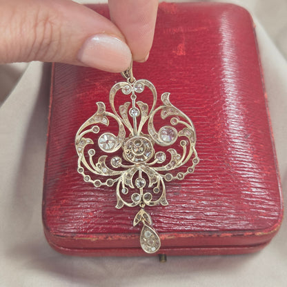 Victorian Antique Old Cut Diamond Scroll Drop Pendant