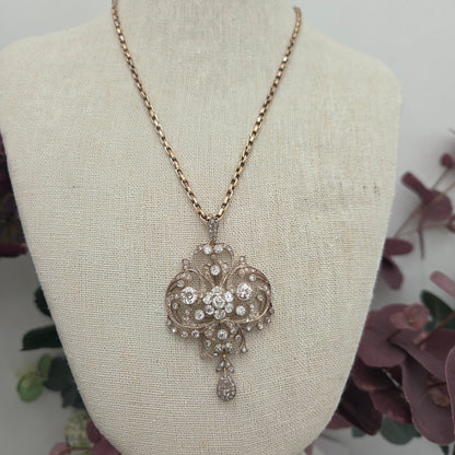 Victorian Antique Old Cut Diamond Scroll Drop Pendant