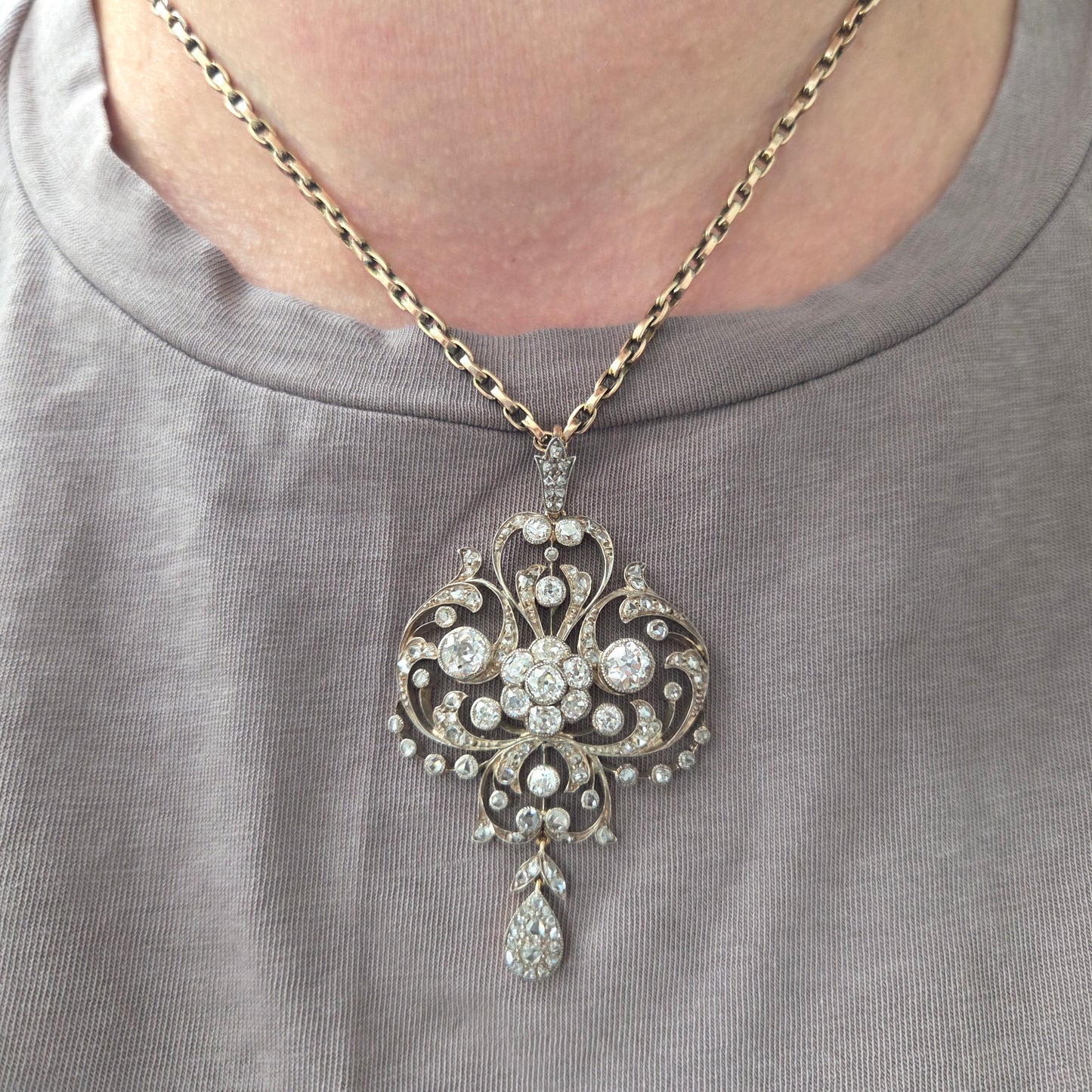 Victorian Antique Old Cut Diamond Scroll Drop Pendant