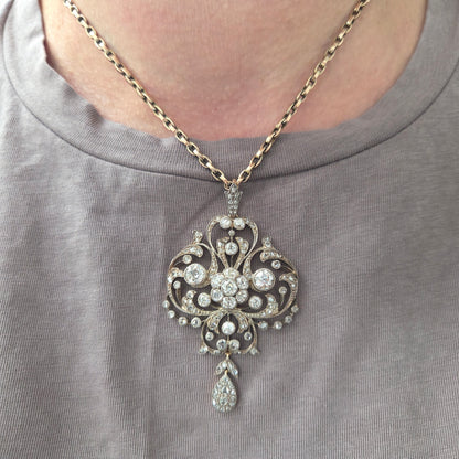 Victorian Antique Old Cut Diamond Scroll Drop Pendant