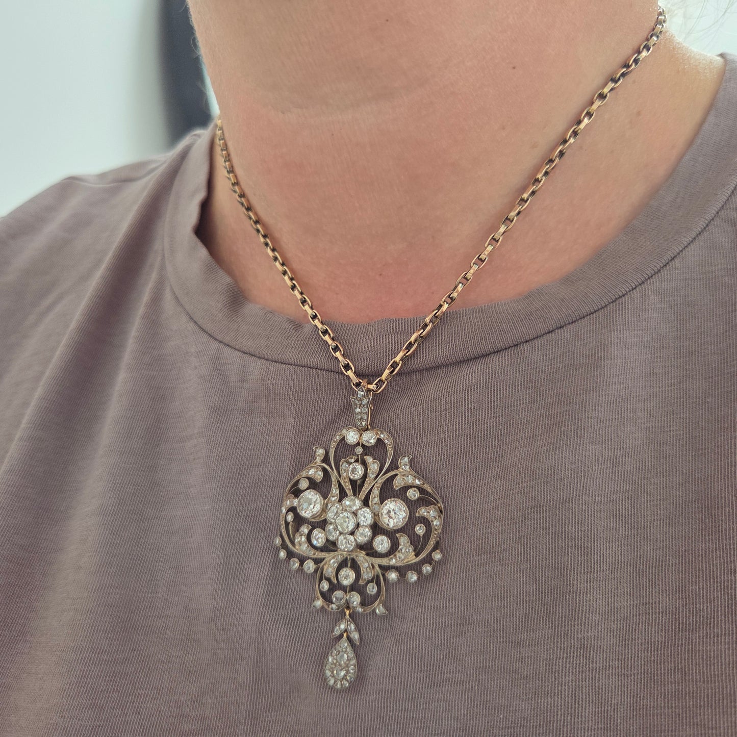 Victorian Antique Old Cut Diamond Scroll Drop Pendant